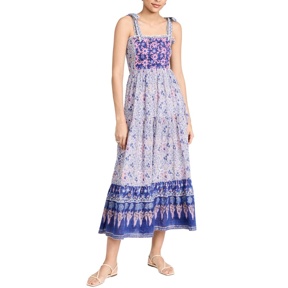 Bell Smocked Navy And Pink Print Midi Dress Size M